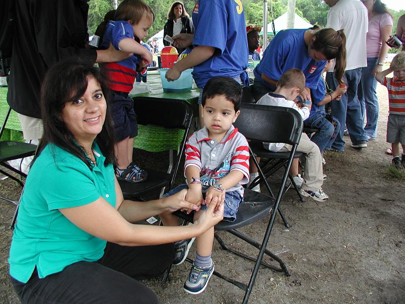 P4180118.JPG - On April 18, 2010 we went down to Parrish to the Gulf coast railroad museum.Thomas the engine was making an apperance.  Here Rohan has got a couple of tatoos.