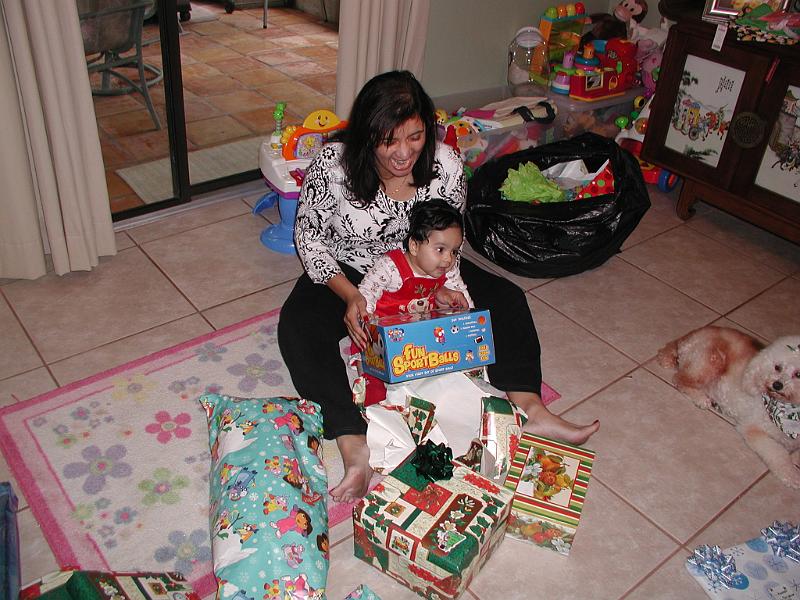 PC250077.JPG - Rohan opening presents. Actually his mother had to open the presents, he just squealed. Ruffy is keeping a watchful eye to make sure he does not slip down the pecking order and become toy no. 123
