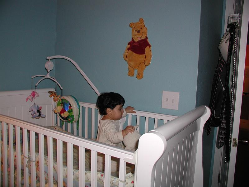 P3030083.JPG - Back to his crib. He has started to become good at standing up.